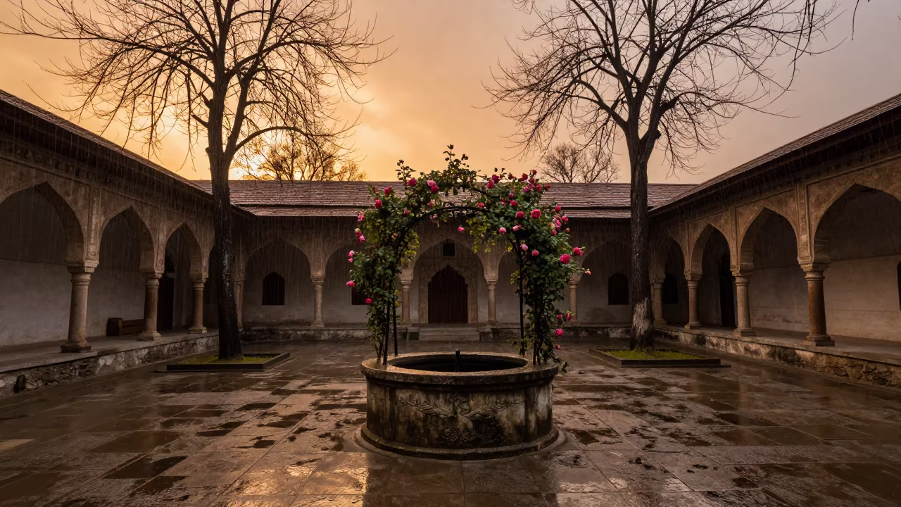 Winter Monastery Well with Roses in Kashmir in beside a well in a monastic cloister in Kashmir