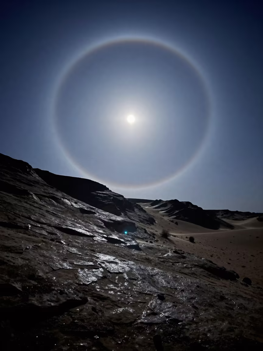 Winter Moon Halo Above Desert Escarpment in beneath a wind-cut desert escarpment near Al Bayda