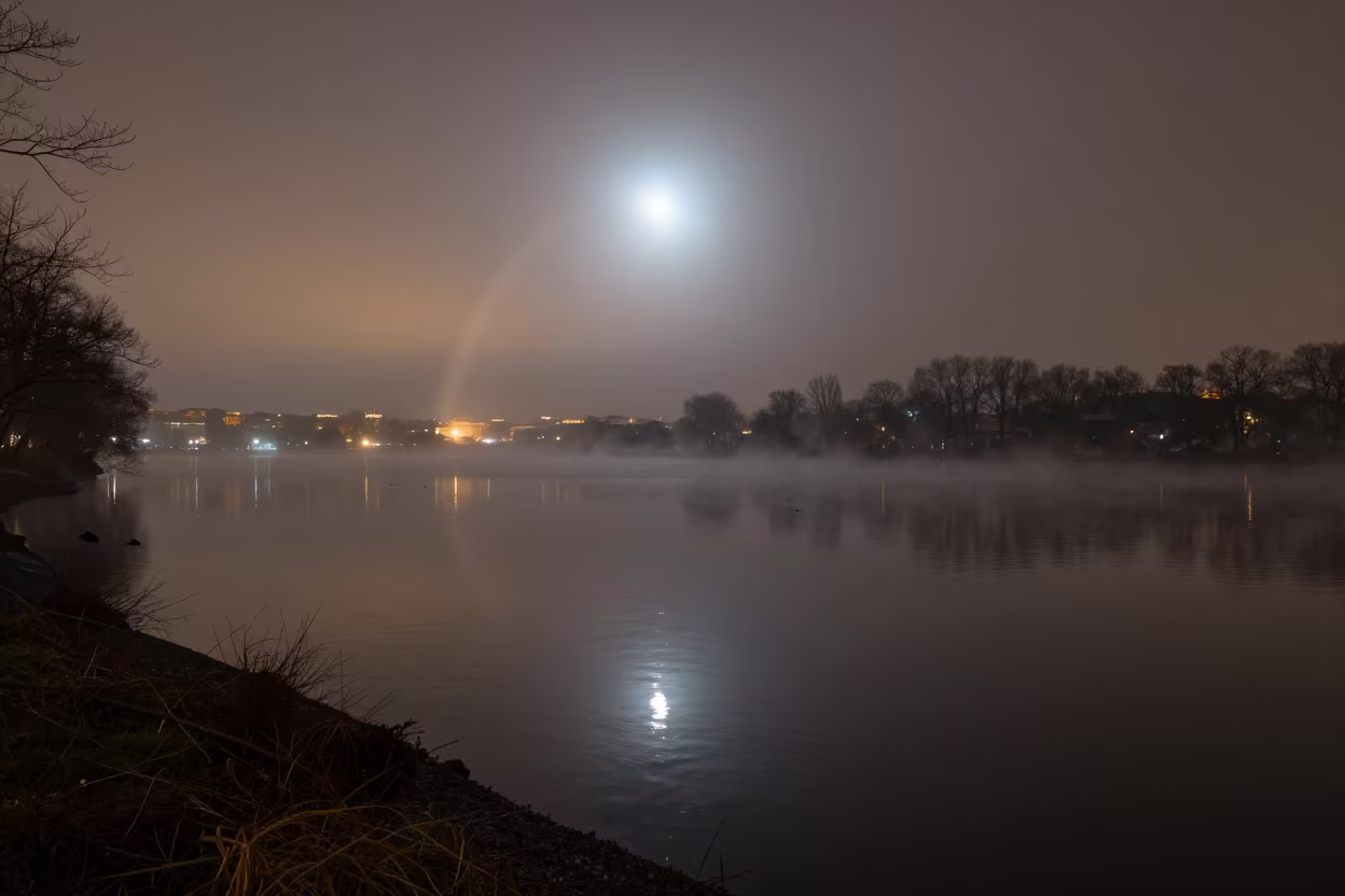Winter Moonbow Over Misty Lake Near Rome in near Rome