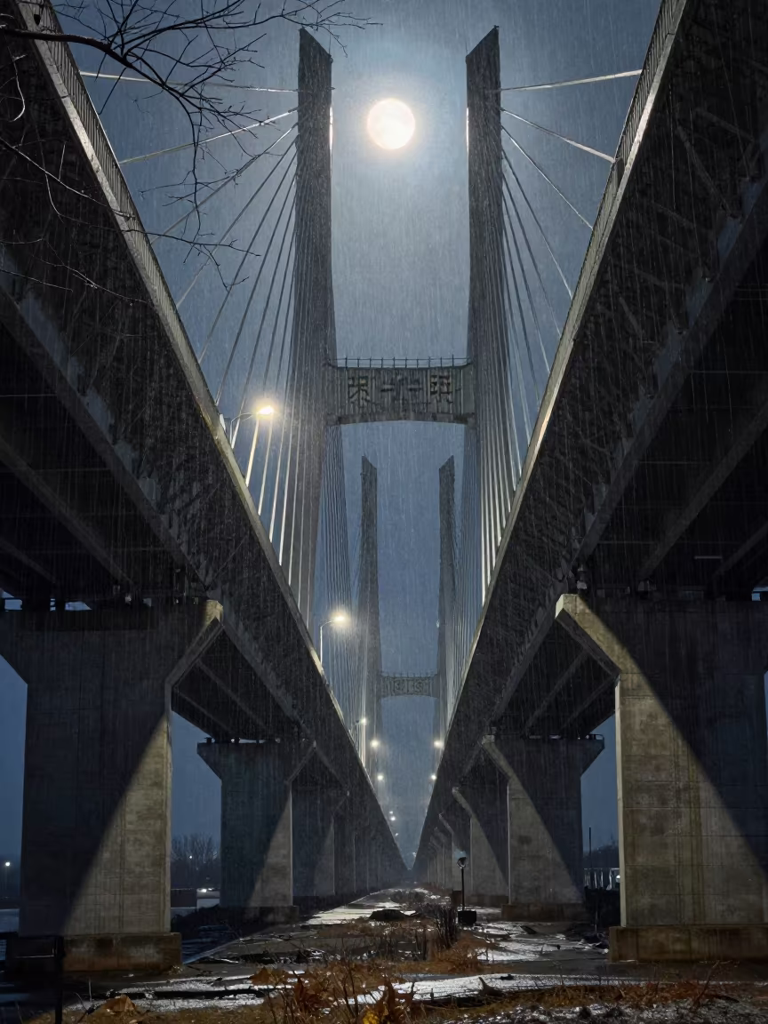 Winter Moonlight on Amasya Bridge Corridor in under a cable-stayed bridge span in Amasya