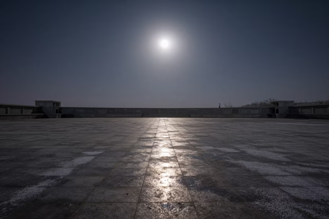 Winter Moonlight Over Empty Stone Plaza in under a band of cold starlight near Mary