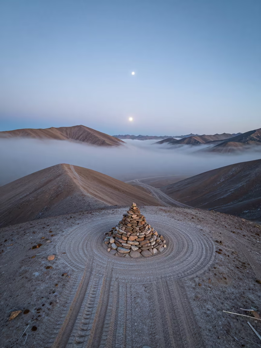 Winter Moonlit Tracks Above Lhasa Summit Cairn in beside a summit cairn above the tree line near Lhasa