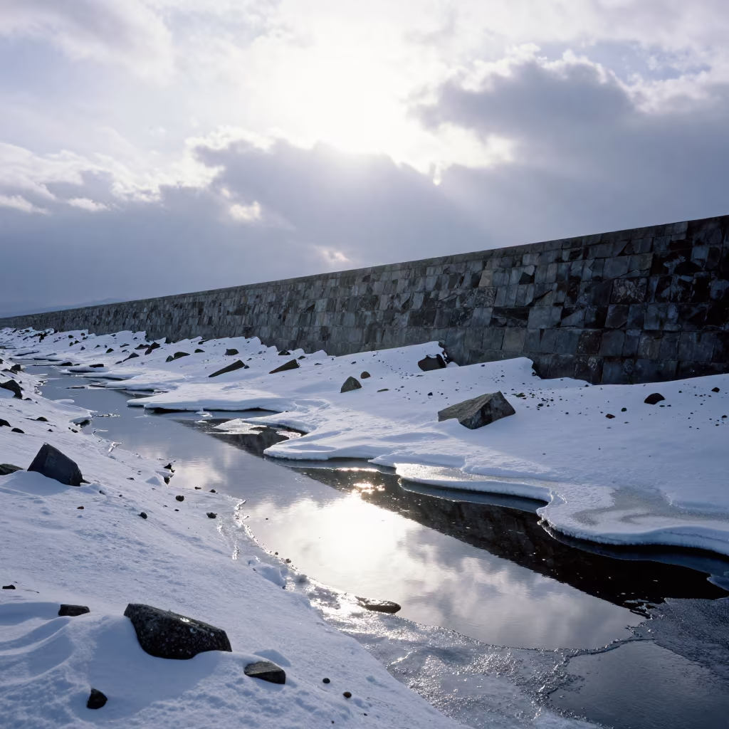Winter Moraine Wall Near Sapporo in Glare in near Sapporo