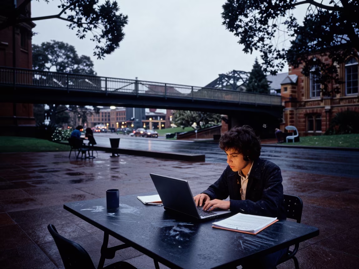 Winter Morning Coding Session Campus Bridge Sydney in across a rain-washed campus courtyard in Chippendale, Sydney