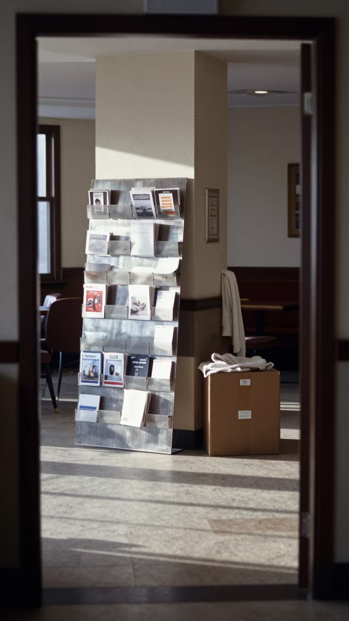 Winter Morning Envelope Rack in Hotel Lobby in inside a breakfast room before opening in Medina