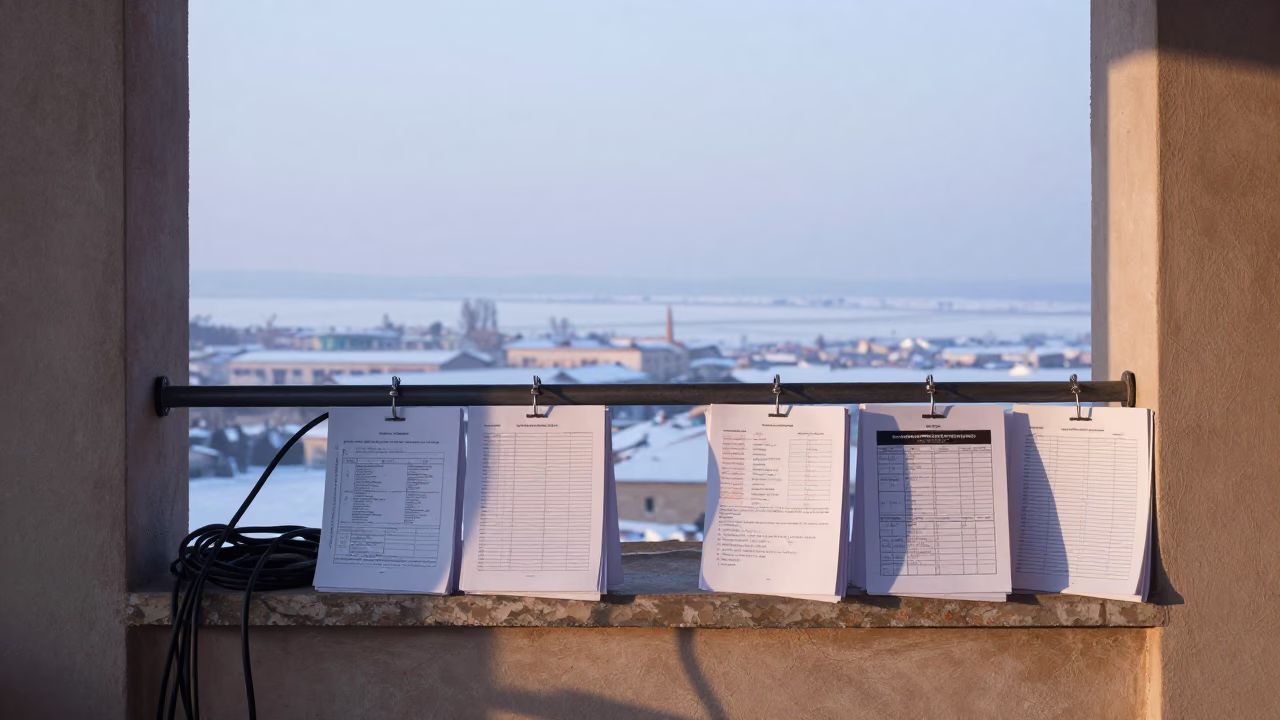 Winter Morning Extension Cord Display in Kayseri in on a painted display ledge in Kayseri