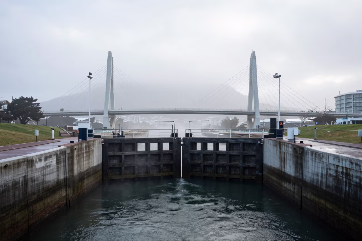 Winter Morning Lock Under Cape Town Bridge in under a cable-stayed bridge span in Cape Town