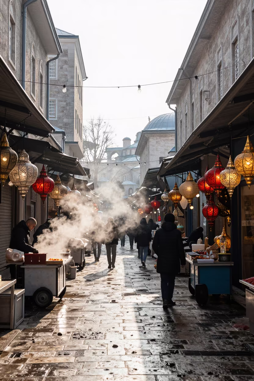 Winter Morning Market Lane Istanbul Shrine in in a shrine lined with lanterns in Istanbul