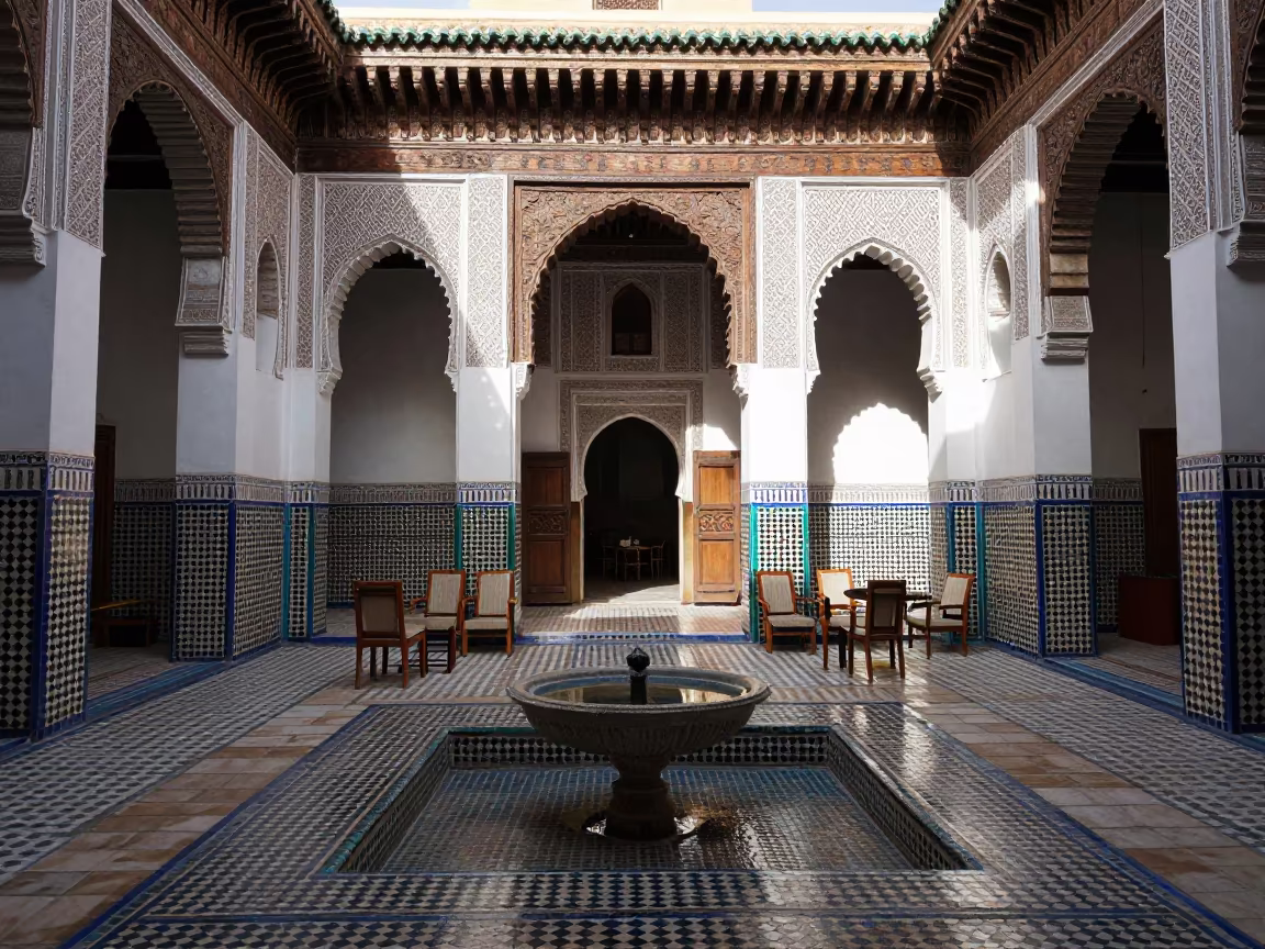 Winter Morning Moroccan Riad Terrace Fountain in under a shaded inner courtyard arcade in Marrakech