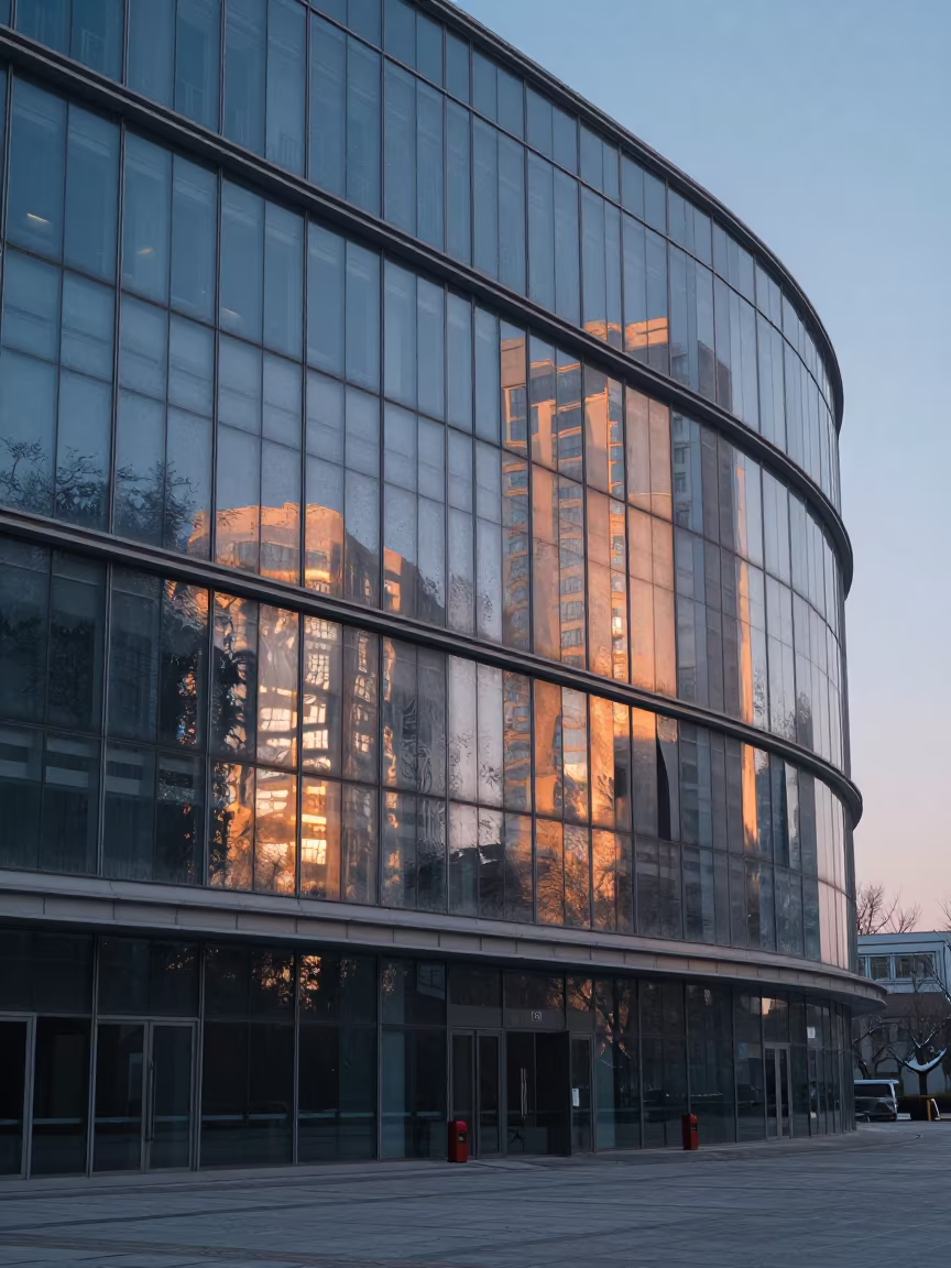 Winter Morning Reflections on Liaoning Glass Facade in across a formal civic plaza in Liaoning