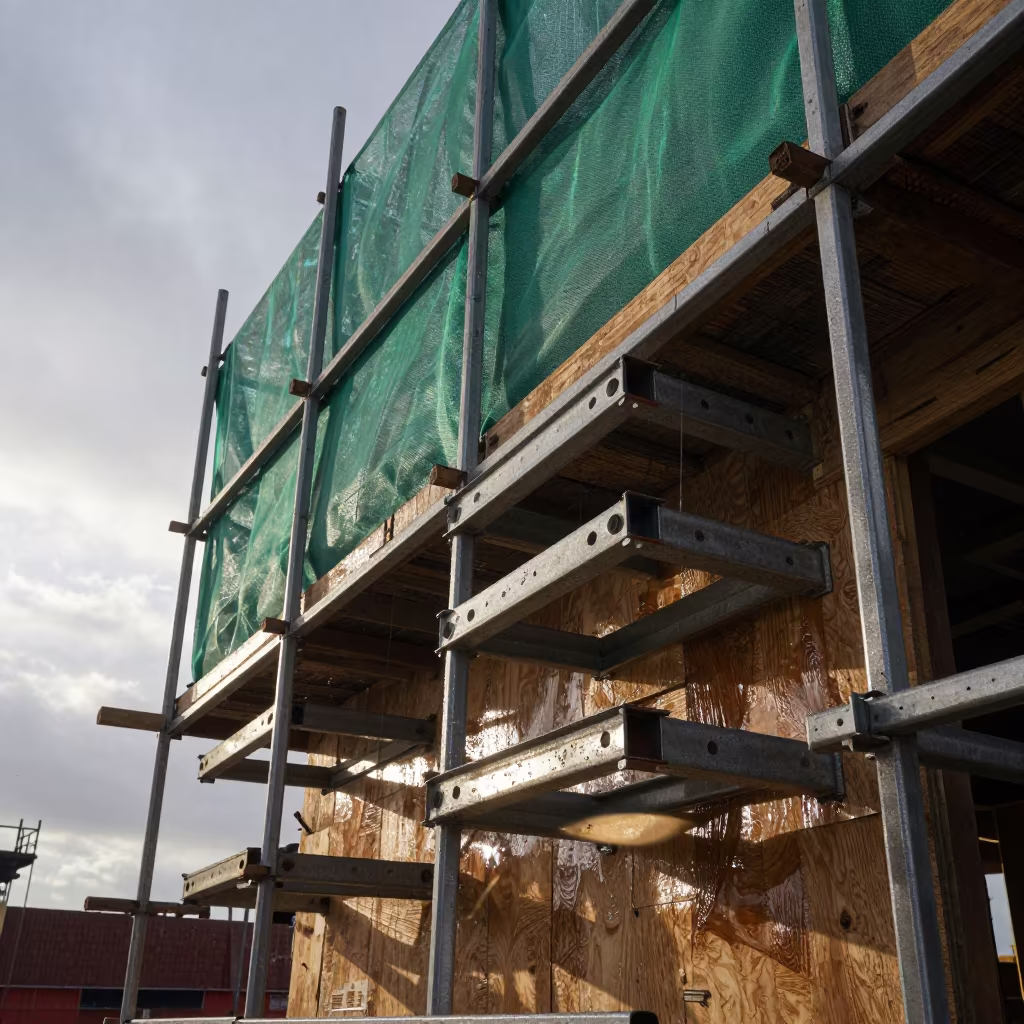 Winter Morning Shoring Jacks on Scaffolded Facade in along a scaffolded facade in Mexico
