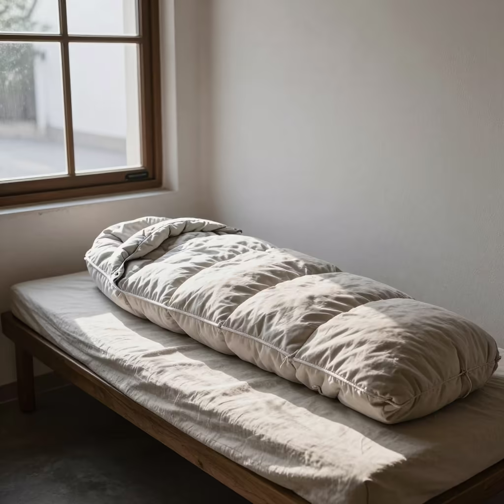 Winter Morning Sleeping Bag on Cafe Linen Daybed in on a cafe table by a window in Zapopan