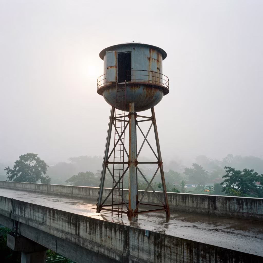 Winter Morning Water Tower Ladder on Meghalaya Overpass in across a windy overpass interchange in Meghalaya