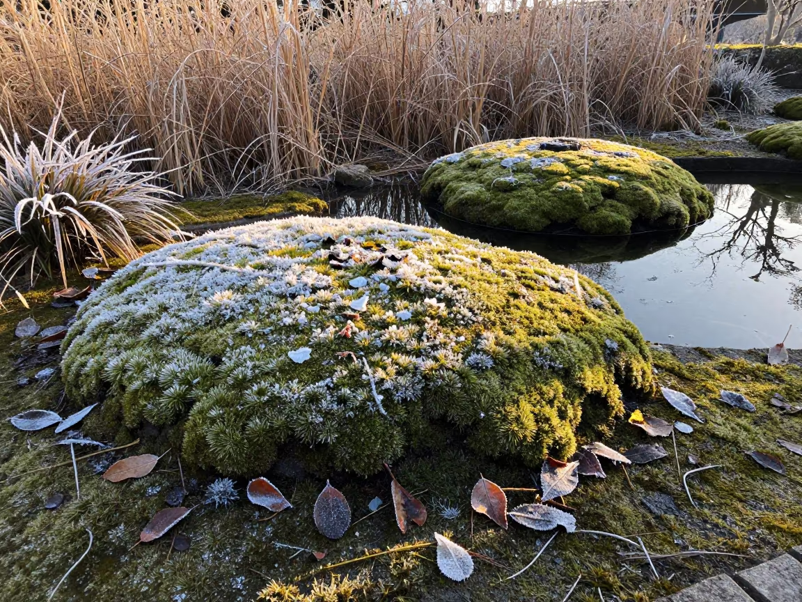 Winter Moss Garden Near Kamakura with Frost in in a bloom-heavy meadow near Kamakura