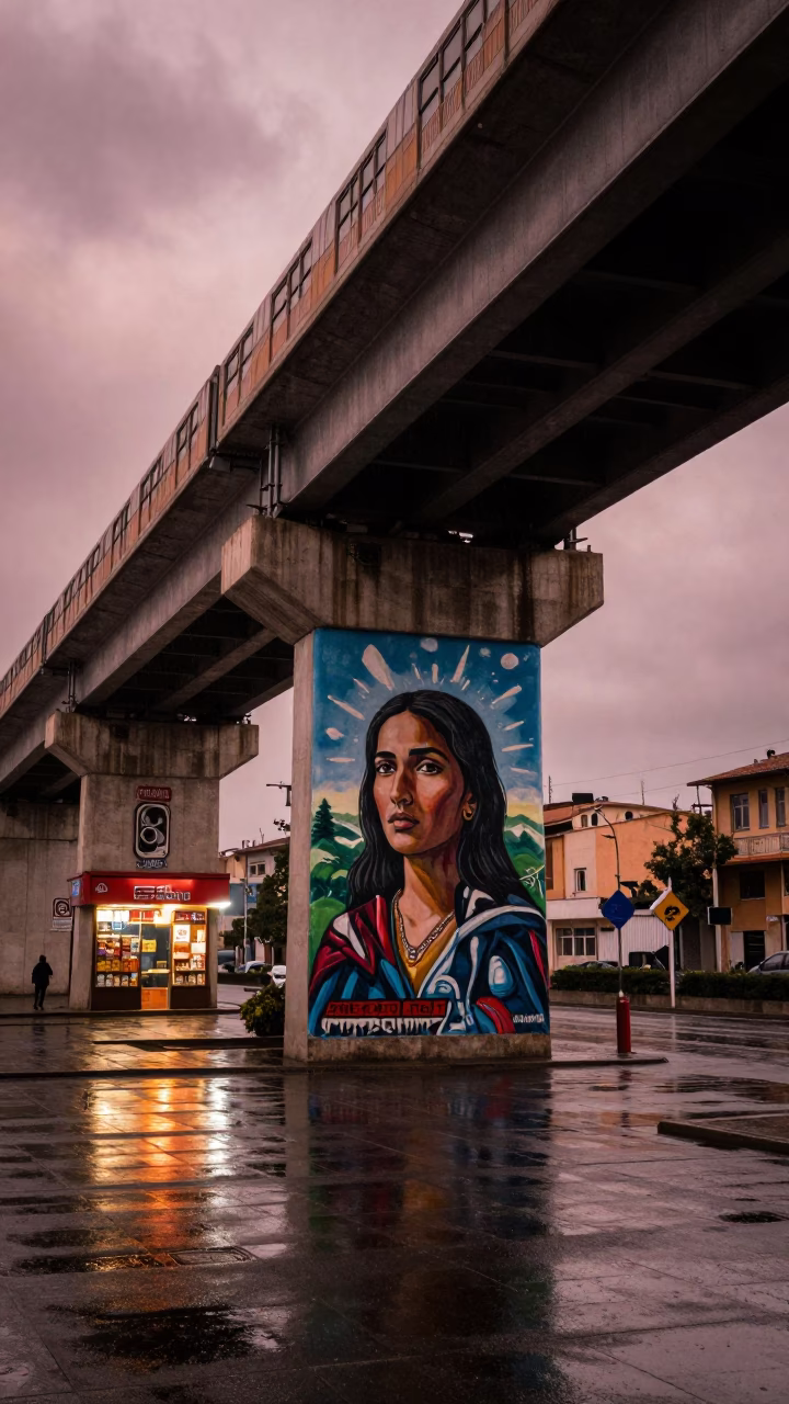 Winter Mural Under Train Line in Drizzle in under an elevated train line in Benghazi
