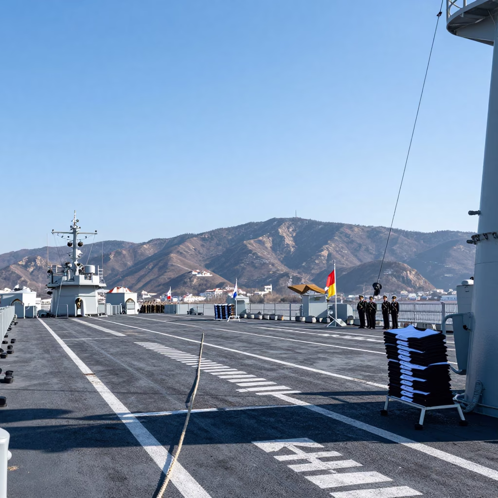 Winter Naval Parade Ground Under Clear Mountain Sky in on a naval deck in rough wind in Armenia