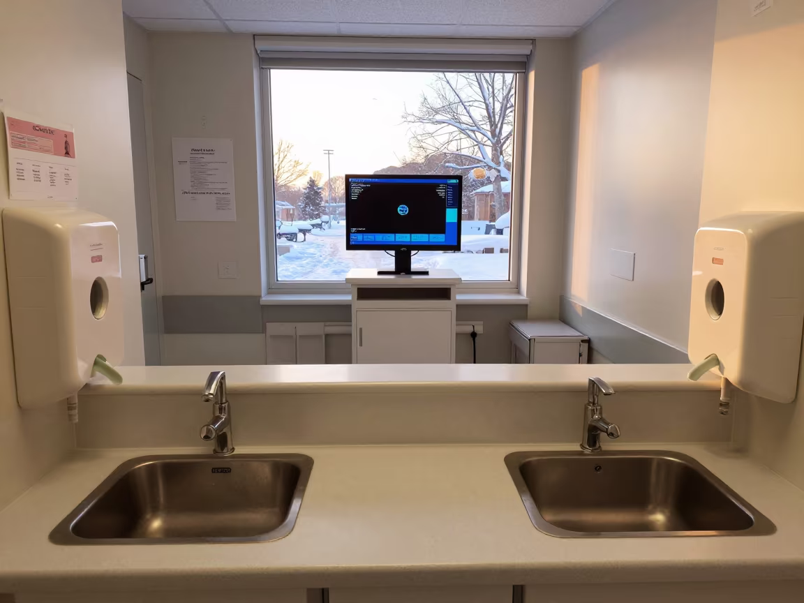 Winter Neonatal Ward Handwashing Station Regina in at a nurse station under monitor glow in Regina
