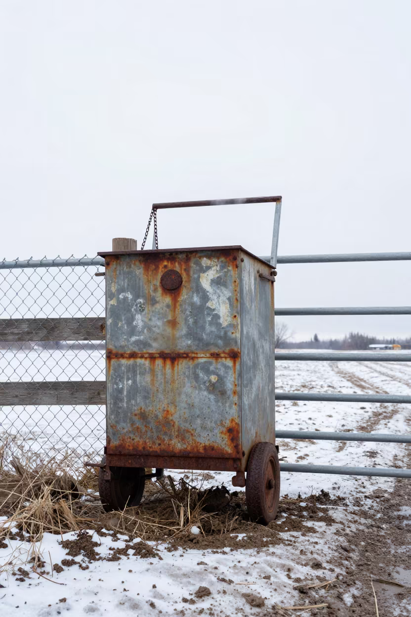 Winter Nest Box Cleaner Cart Alberta Pasture Gate in beside a pasture gate in Alberta