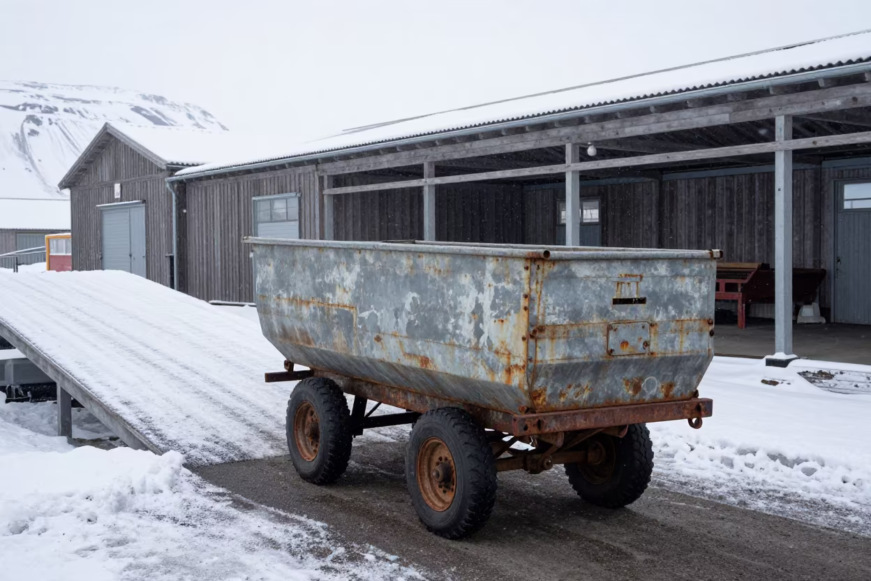 Winter Nest Box Cleaner Cart at Icelandic Stockyard in at a stockyard loading ramp in Iceland