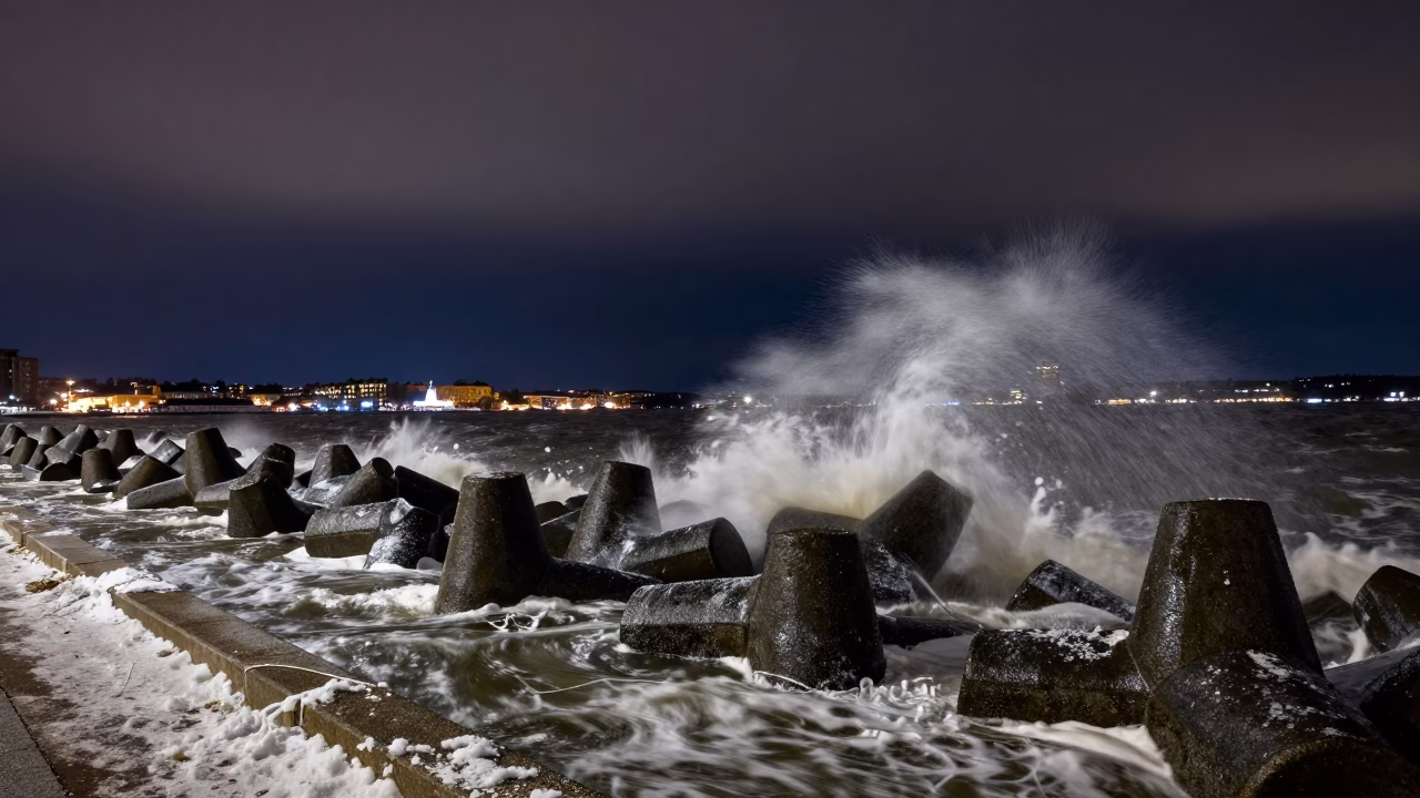 Winter Night at Stockholm Breakwater with Tetrapods and Spray Under Deep Sky in in Stockholm, Sweden
