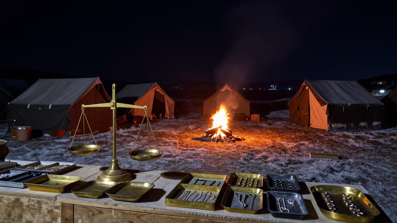 Winter Night Campfire Glow on Tents Near Tekirdağ in inside a jeweler's stall with brass scales and trays near Tekirdağ