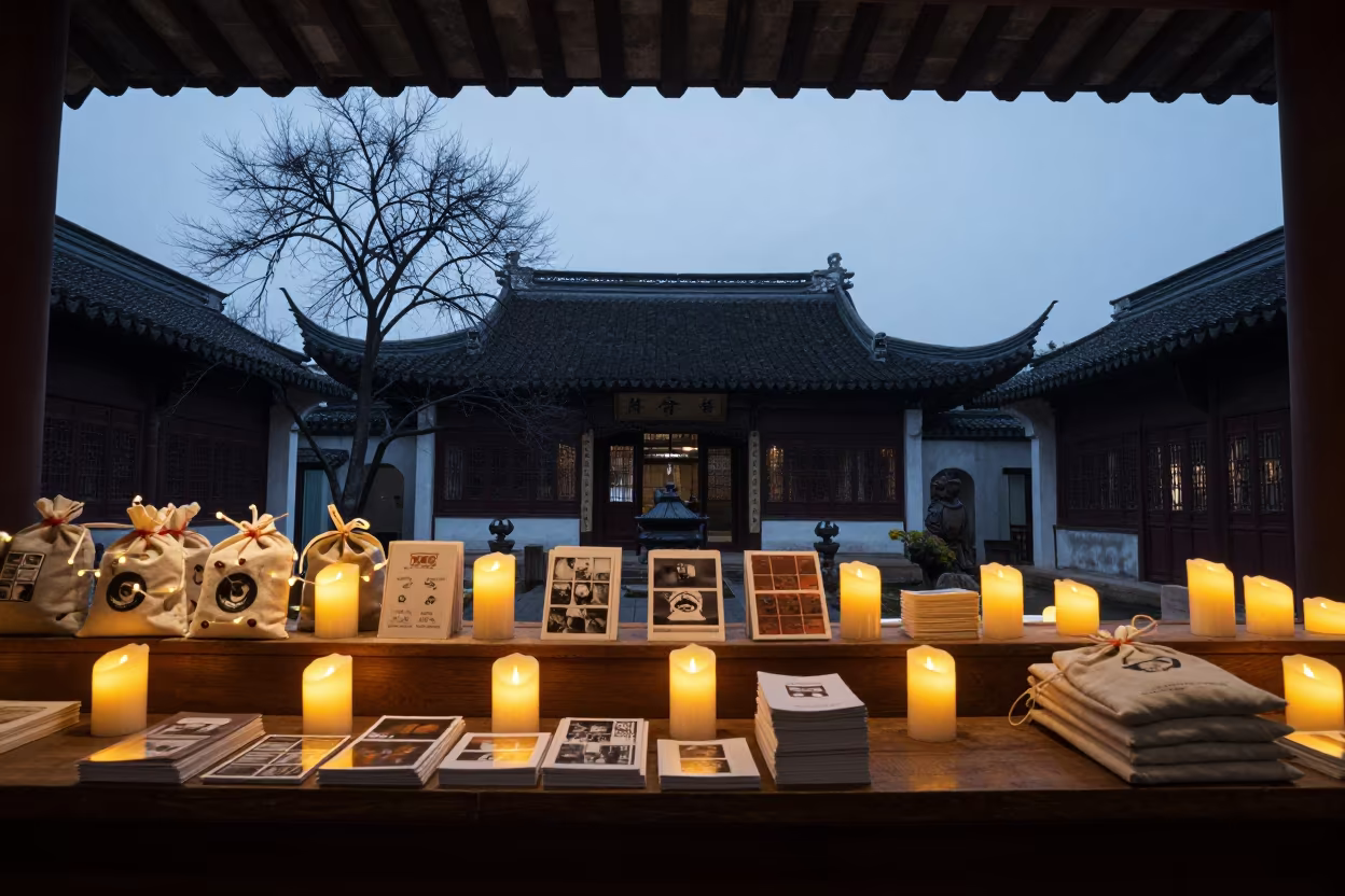 Winter Night Candles at Suzhou Monastery Counter in in a temple courtyard near Suzhou