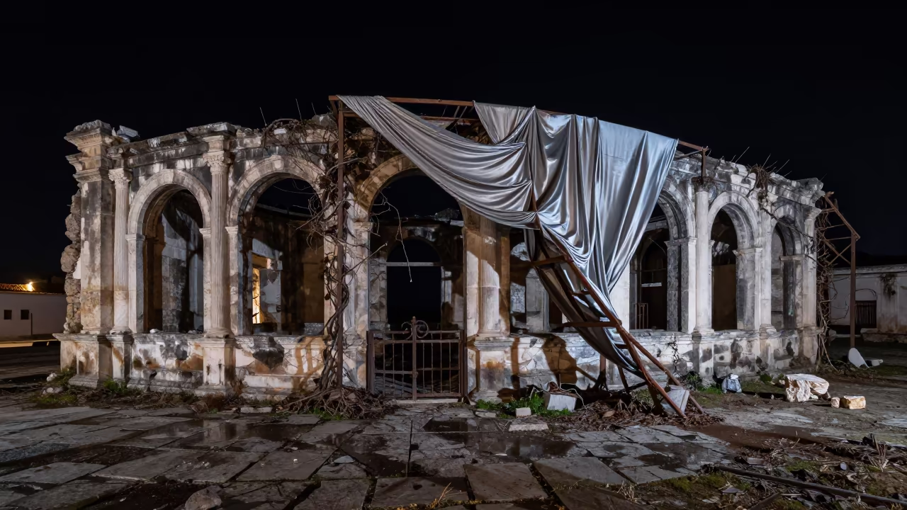 Winter Night Caravanserai Metal Drapes Ruin in through an abandoned ceremonial court near Antalya