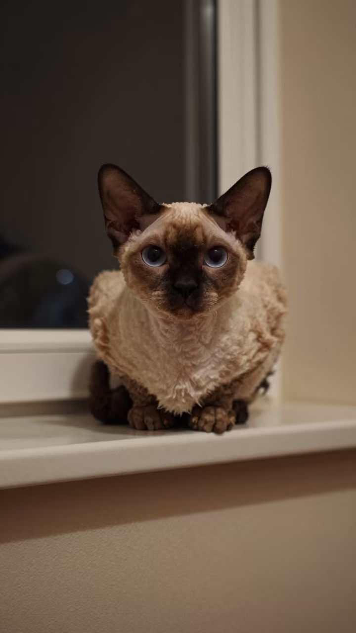 Winter Night Cornish Rex on Window Seat in on a window seat in a quiet apartment with soft side light in Kutaisi