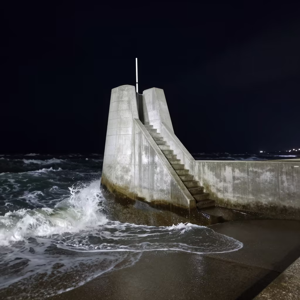 Silent Winter Night Flood Barrier Stair Tower in along a dam spillway near Hermanus