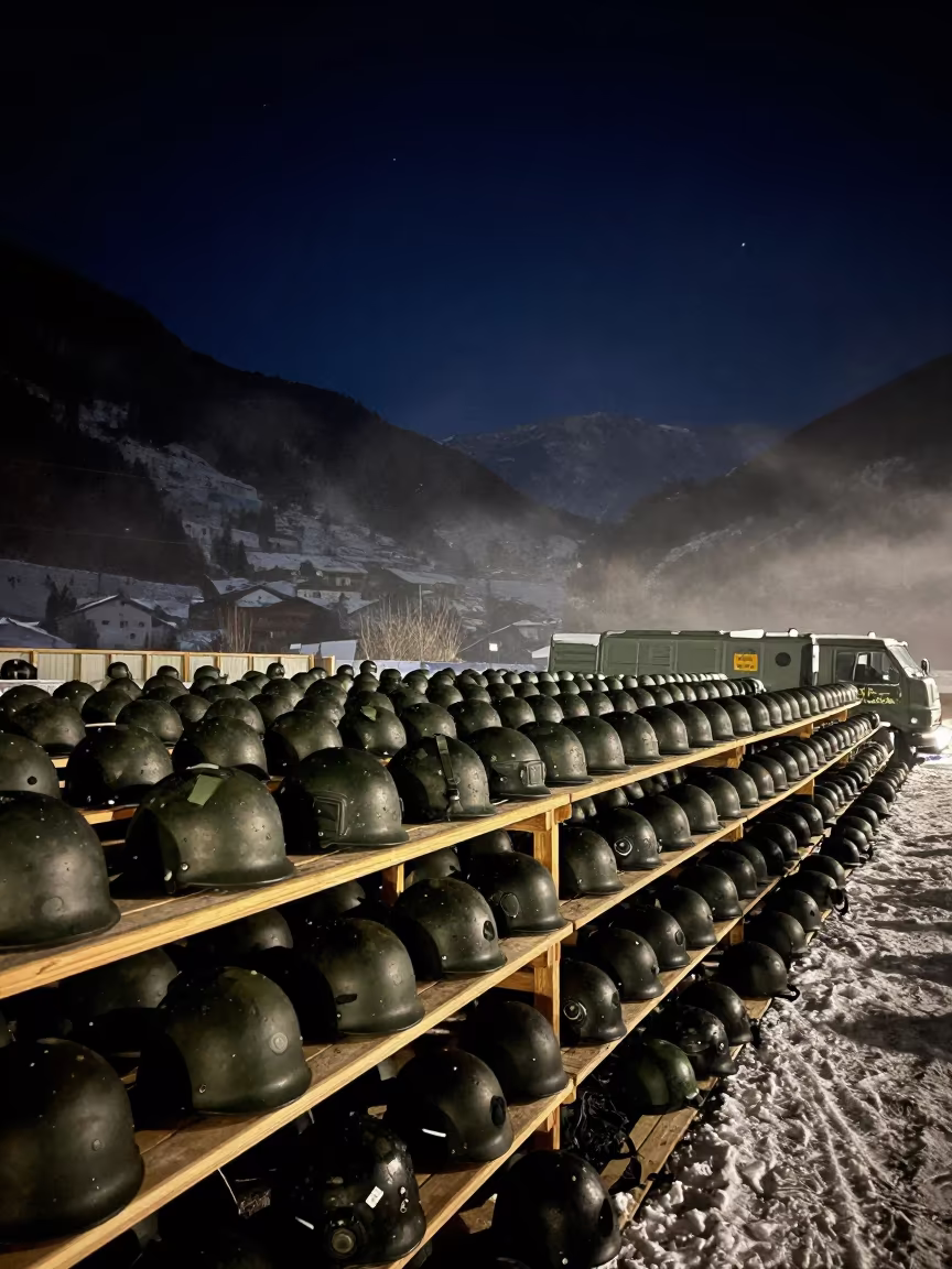 Winter Night Helmet Shelf Andorra Convoy in beside a convoy halt on open ground in Andorra