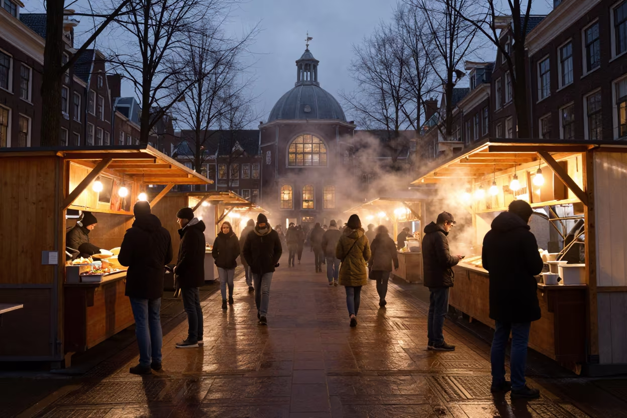 Winter Night Market Lane Steam Glowing Bulbs in in a prayer hall near De Pijp, Amsterdam