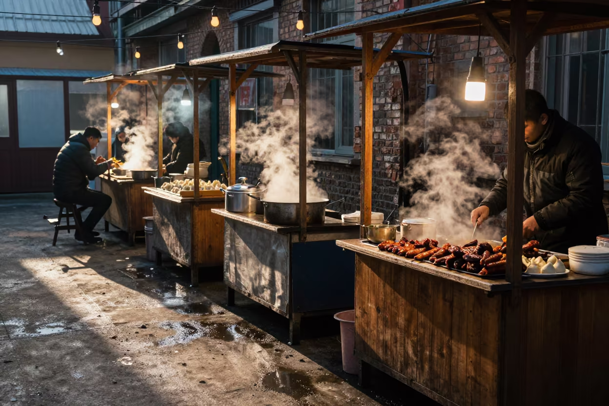 Winter Night Market Stalls Under Bulbs Near Changchun in in a prayer hall near Changchun