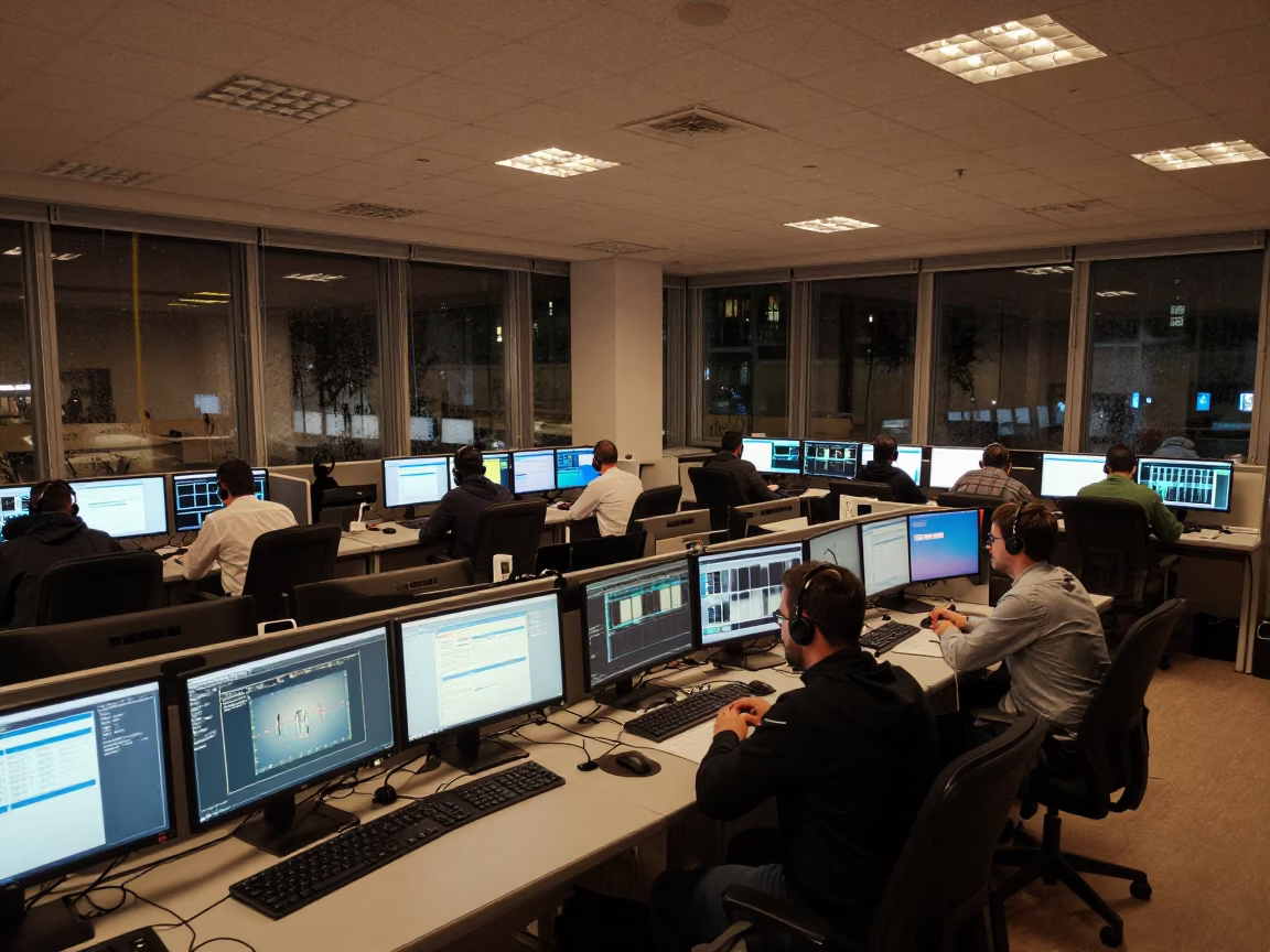 Winter Night Operations Center Istanbul Dashboards in at an analyst pod facing live dashboards near Istanbul