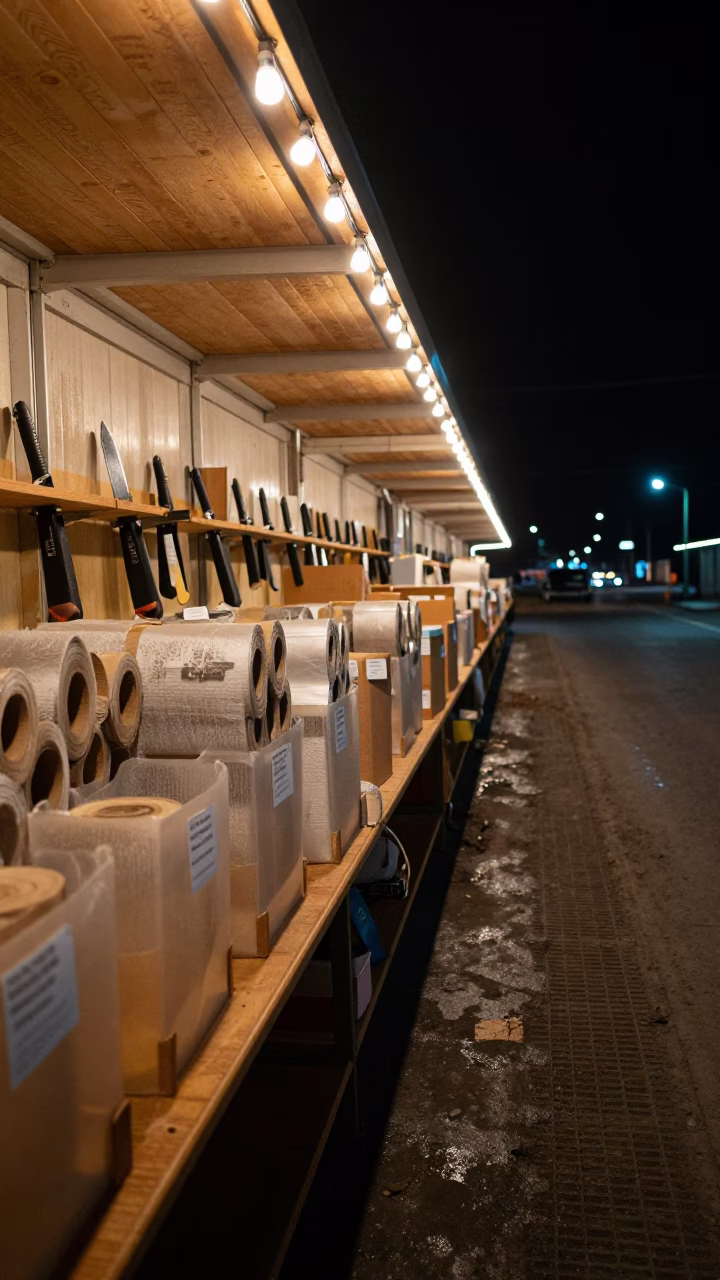 Winter Night Packing Bench Kemerovo Logistics in inside a cross-dock lane in Kemerovo