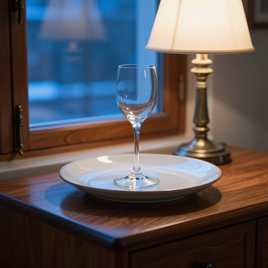 Winter Night Platter on Mahogany Cabinet in on a bedside table in Wuhan