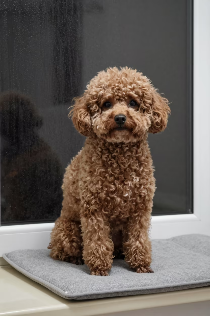 Winter Night Portrait of Teacup Poodle in on a cushioned window seat with soft side light and an uncluttered background near Yüksekova district