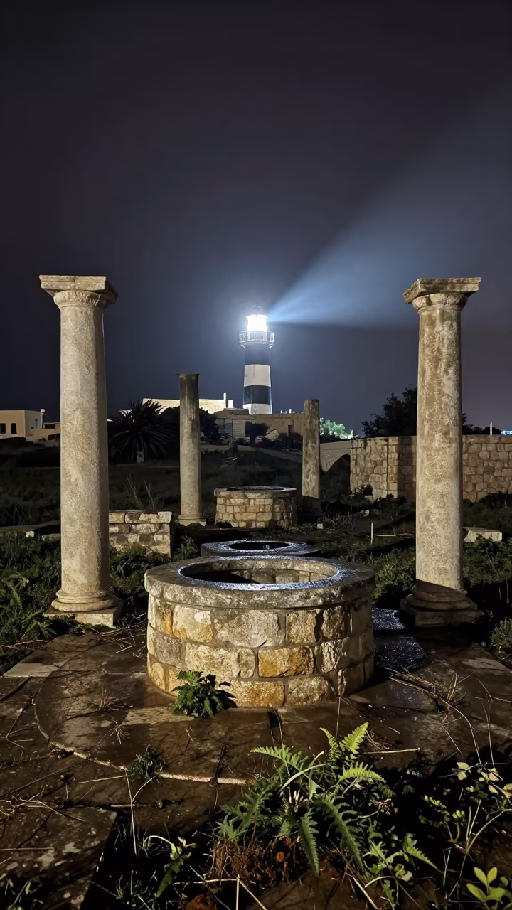 Winter Night Ruins Stone Well Israel in among toppled columns and nettles in Israel