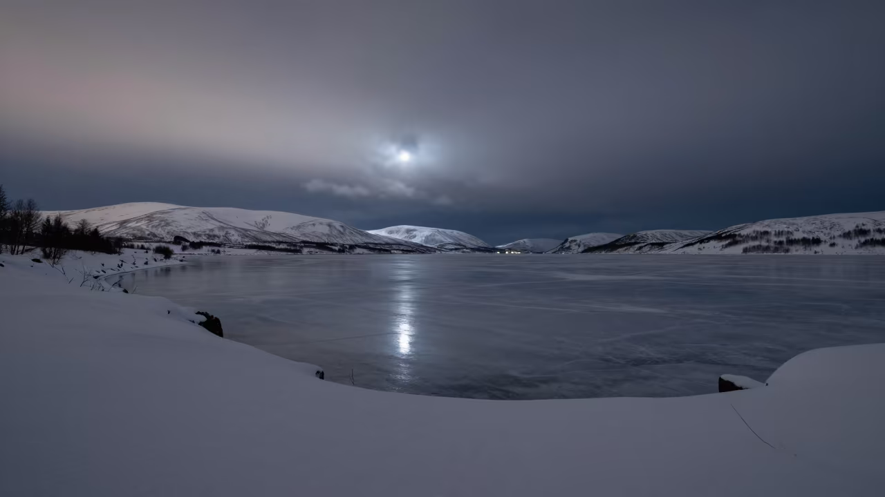 Winter Night Starlight Over Nordic Lake Ridge in from a ridge above layered foothills near Srinagar
