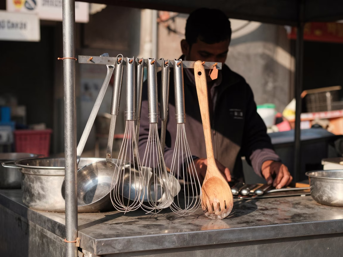 Winter Noon Hyderabad Street Vendor Kitchen Tools and Peg Rail Shadows in in Hyderabad, India