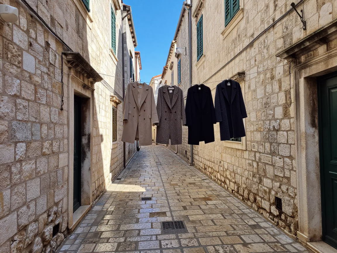 Winter Noon in Dubrovnik Old Town Stone Alleyway with Local Laundry in in Dubrovnik, Croatia