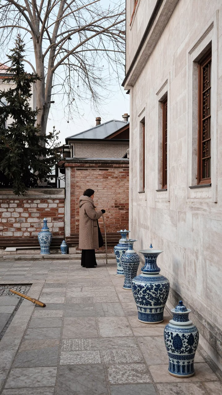 Winter Noon in Istanbul Courtyard with Blue Porcelain and Watering Jug in in Istanbul, Turkey