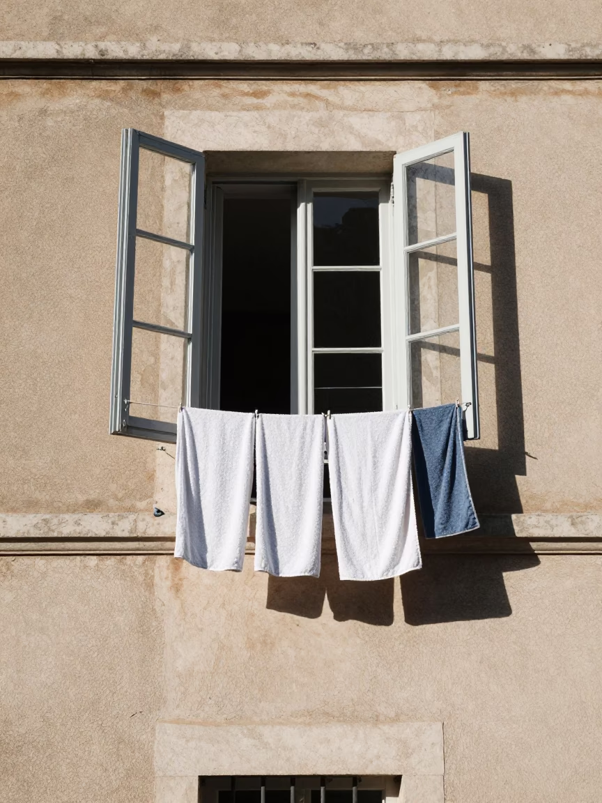 Winter noon in Lyon with open window and drying towels in in Lyon, France