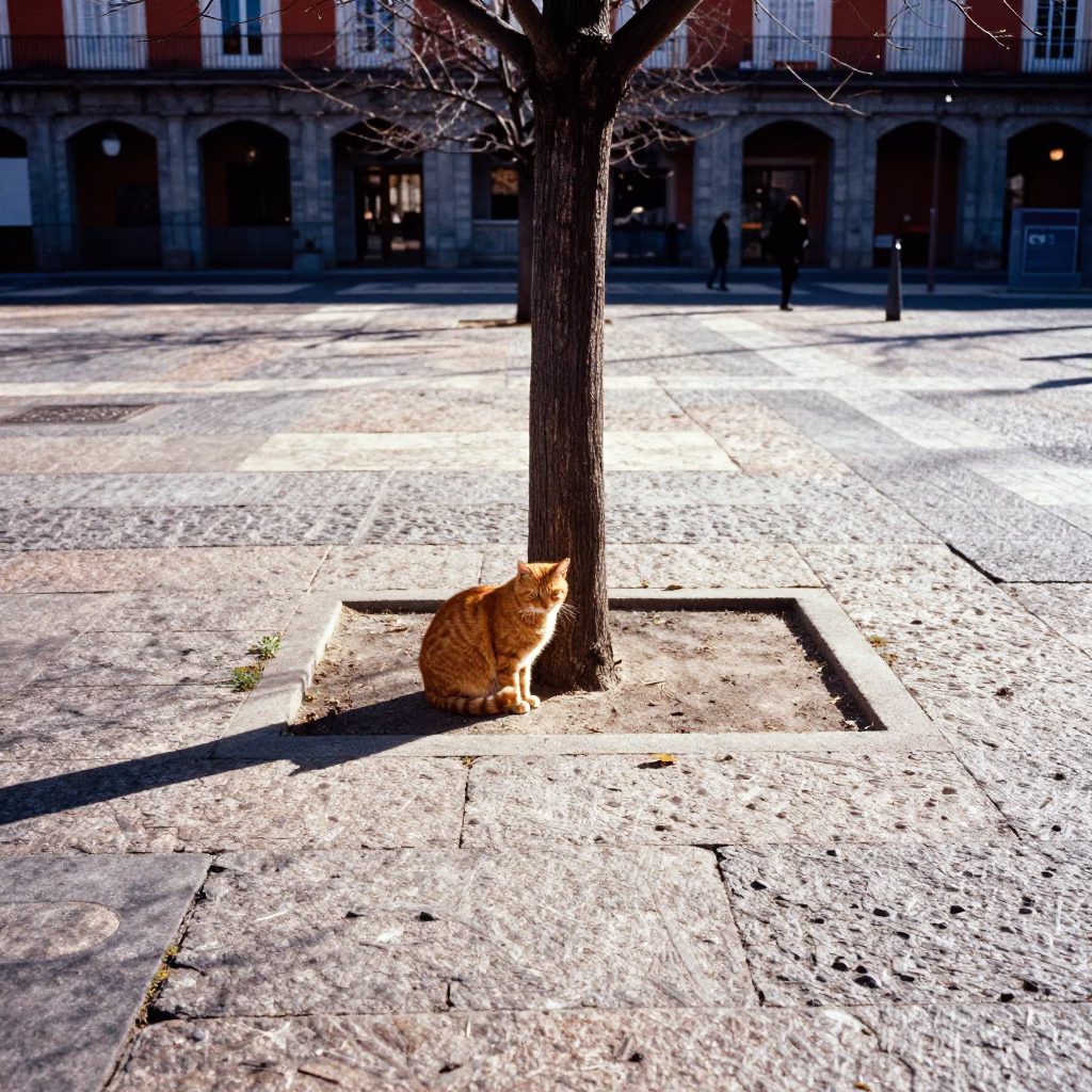 Winter Noon in Madrid Plaza with Ginger Cat and Orange Peel in in Madrid, Spain