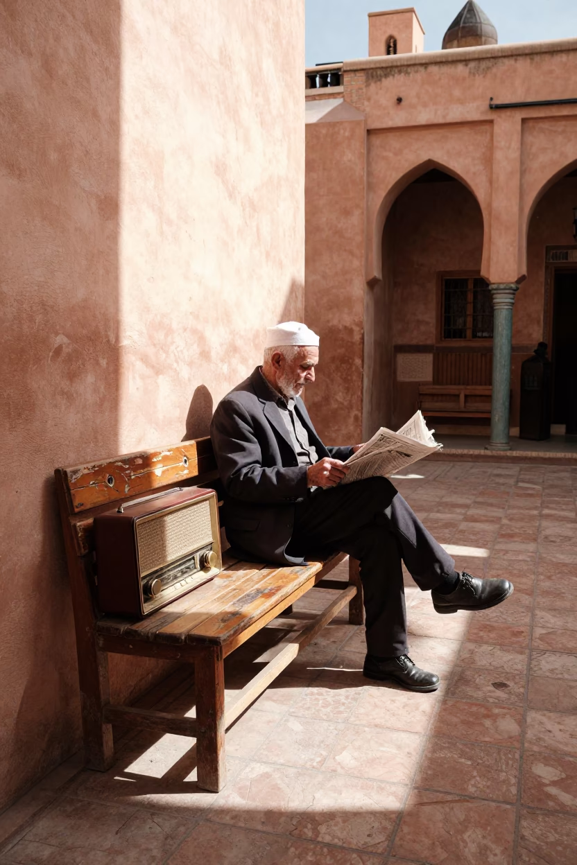 Winter Noon Light in Fez Medina Courtyard with Vintage Radio in in Fez, Morocco
