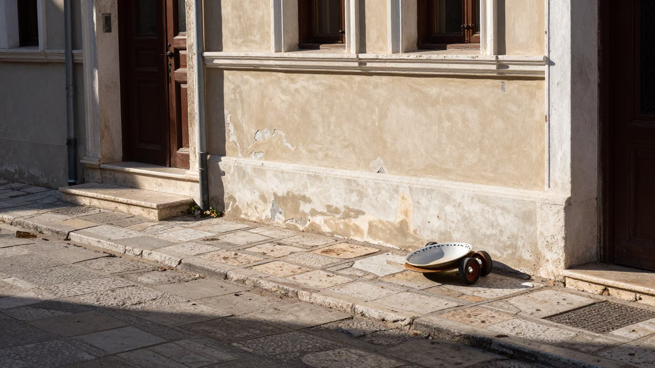 Winter Noon Light on Athens Street with Caster Wheel and Dish Brushes in in Athens, Greece