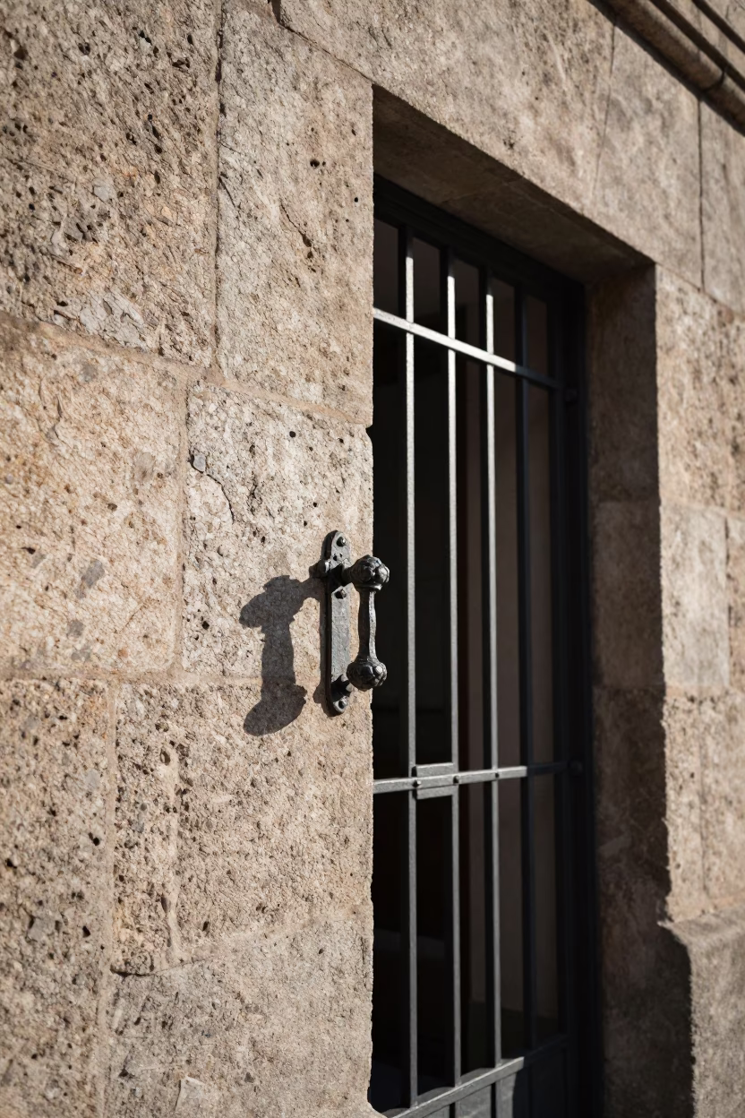 Winter Noon Light on Bilbao Stone Facade with Metal Gate Details in in Bilbao, Spain