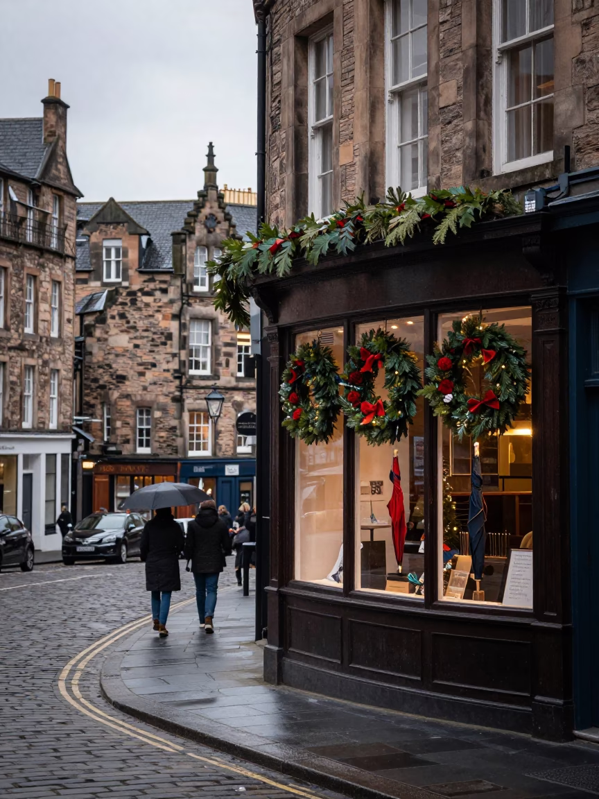 Winter Noon Light on Edinburgh Street with Wreaths and Umbrellas in in Edinburgh, United Kingdom