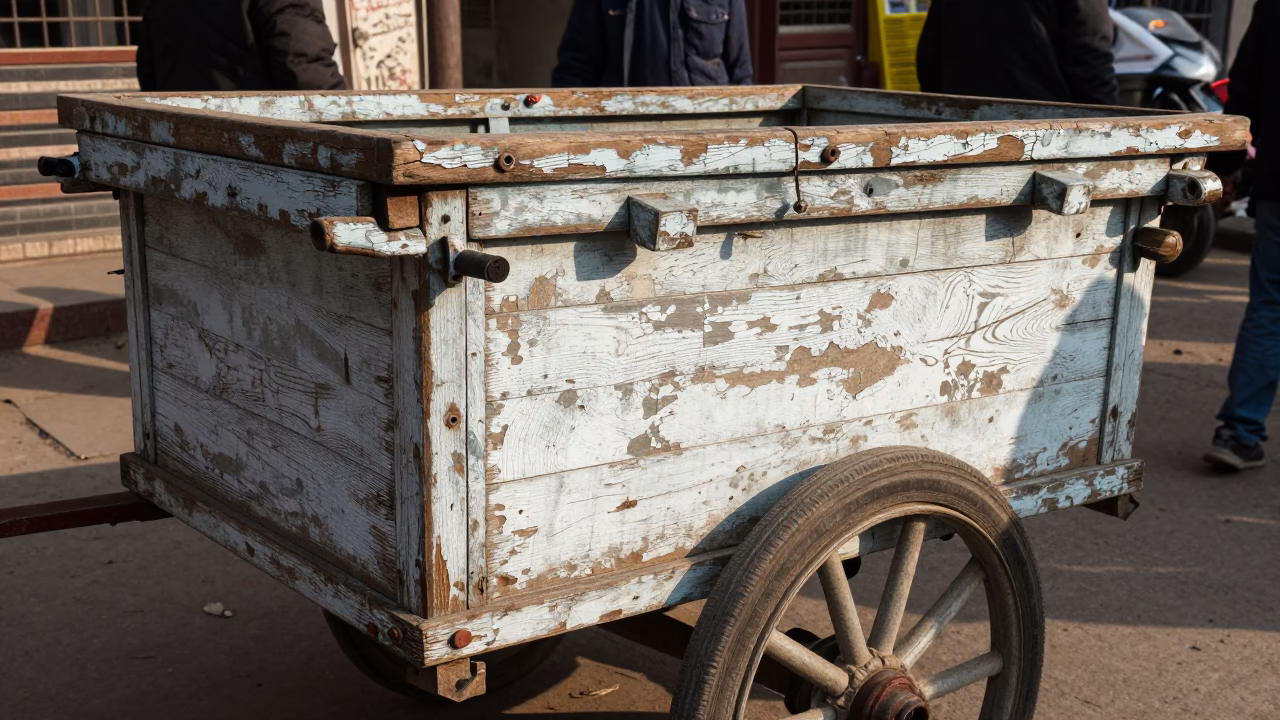 Winter noon light on scuffed painted wood Delhi street vendor cart in in Delhi, India