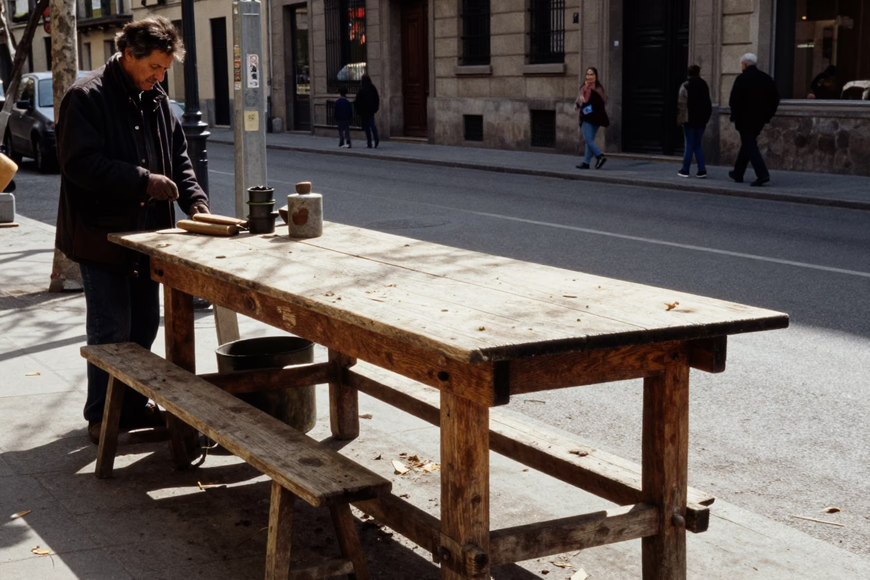 Winter Noon Light Pools on Barcelona Workbench Amidst Street Life in in Barcelona, Spain