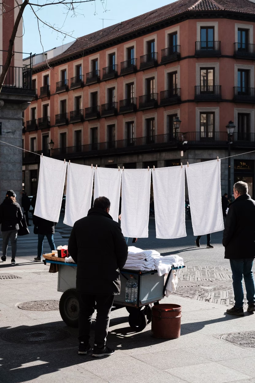 Winter Noon Madrid Street Scene with Drying Towels and Vintage Violin in in Madrid, Spain